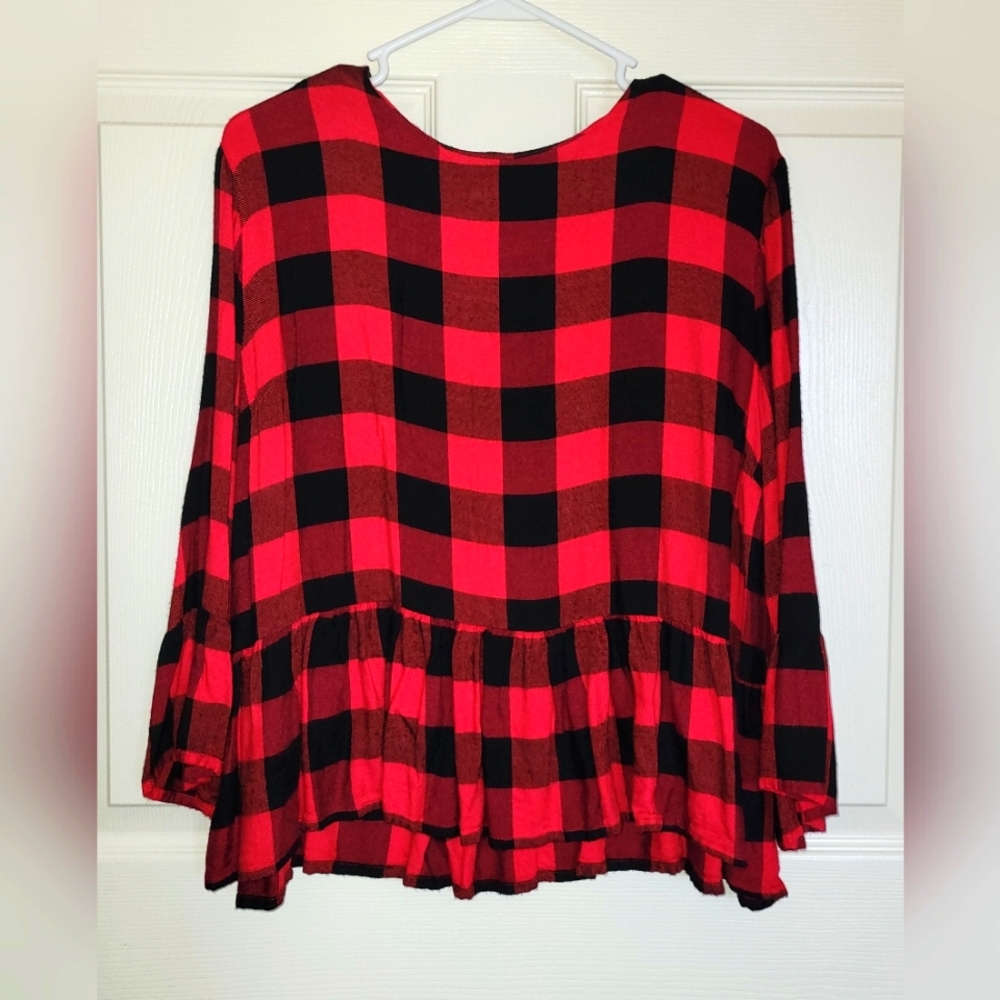 Mud Pie Size Med Women's Red Plaid Flannel Long Sleeve Peplum Pullover Top